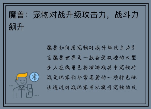 魔兽：宠物对战升级攻击力，战斗力飙升